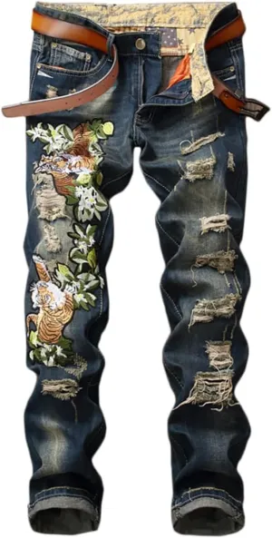 Enrica Men's Ripped Straight Slim Moto Biker Jeans