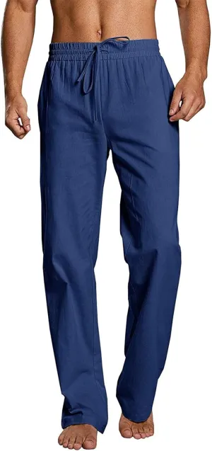 evzosrz Mens Casual Linen Pants Drawstring Elastic Waist Loose Fit Trousers Straight-Legs Yoga Beach Jogger Gym Sweatpants