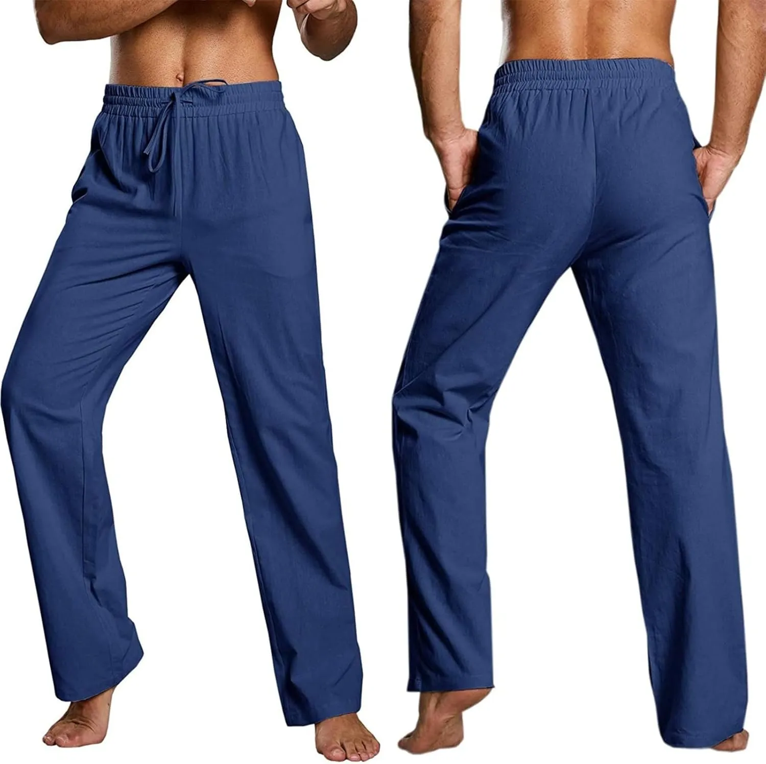 evzosrz Mens Casual Linen Pants Drawstring Elastic Waist Loose Fit Trousers Straight-Legs Yoga Beach Jogger Gym Sweatpants