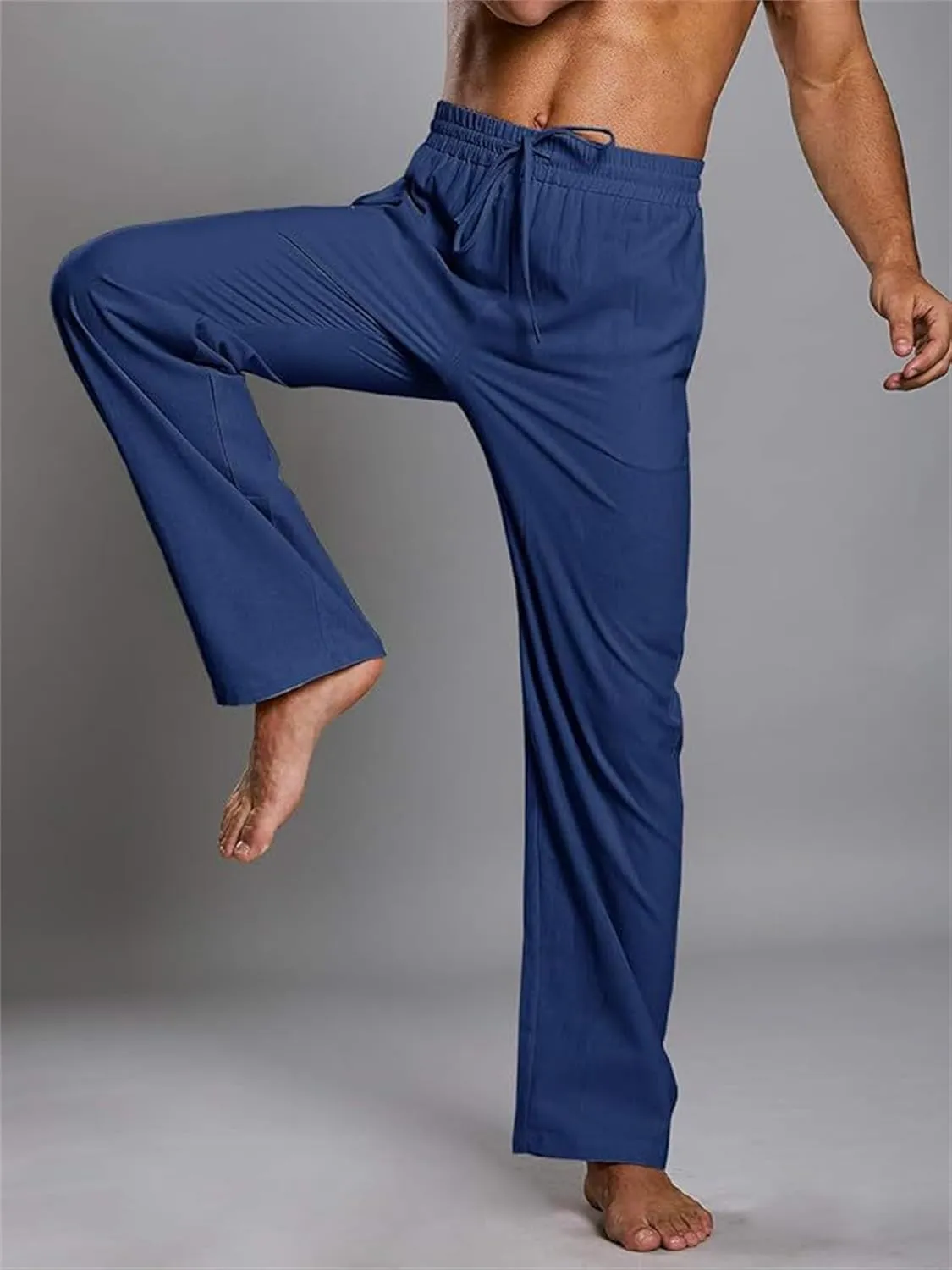 evzosrz Mens Casual Linen Pants Drawstring Elastic Waist Loose Fit Trousers Straight-Legs Yoga Beach Jogger Gym Sweatpants