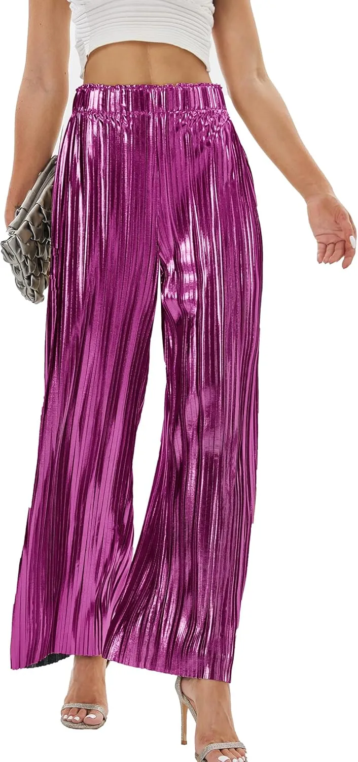 Fakanhui Women's Metallic Wide Leg Palazzo Pants Gold Silver Casual Dress Evening Party Clubwear Trouser