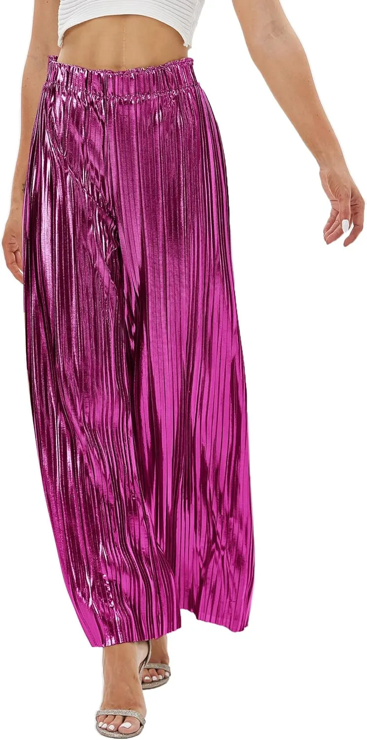 Fakanhui Women's Metallic Wide Leg Palazzo Pants Gold Silver Casual Dress Evening Party Clubwear Trouser