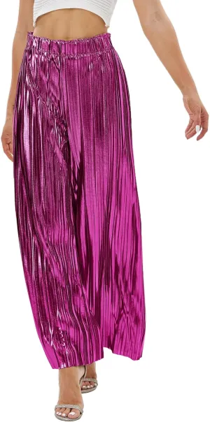 Fakanhui Women's Metallic Wide Leg Palazzo Pants Gold Silver Casual Dress Evening Party Clubwear Trouser