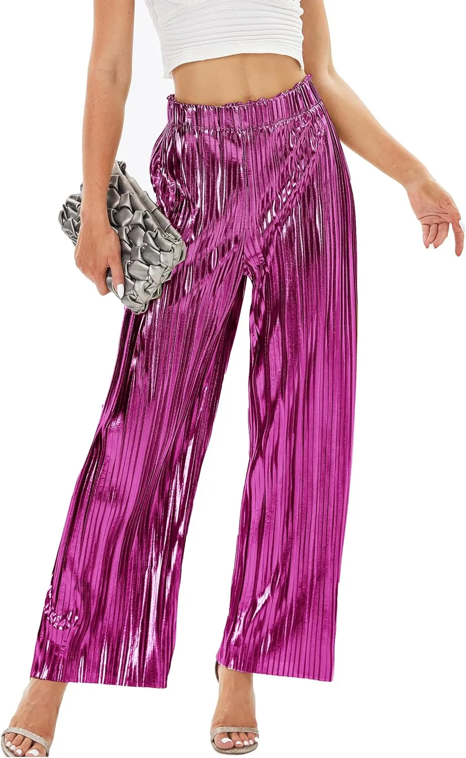 Fakanhui Women's Metallic Wide Leg Palazzo Pants Gold Silver Casual Dress Evening Party Clubwear Trouser
