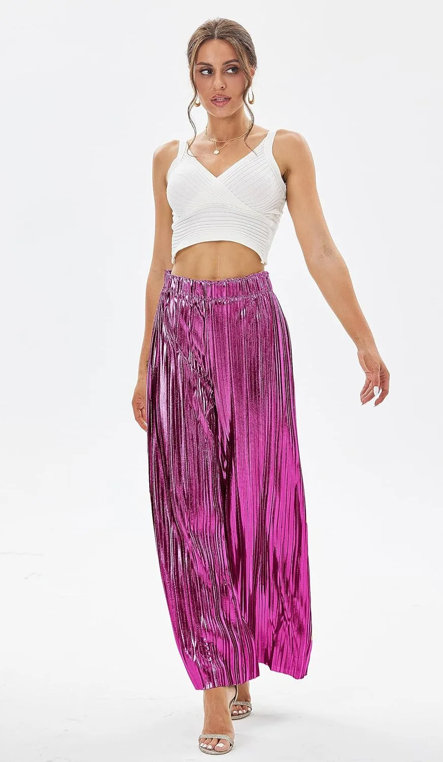 Fakanhui Women's Metallic Wide Leg Palazzo Pants Gold Silver Casual Dress Evening Party Clubwear Trouser