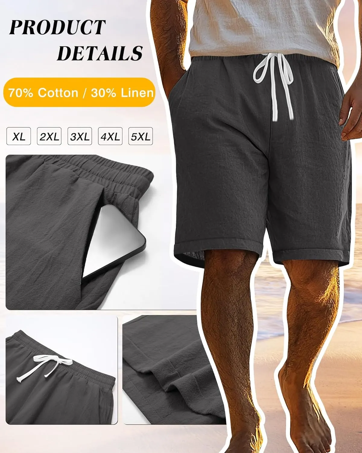 Ficerd 2 Pack Men's Big and Tall Linen Shorts Cotton Casual Elastic Waist Drawstring Summer Beach Shorts with Pockets