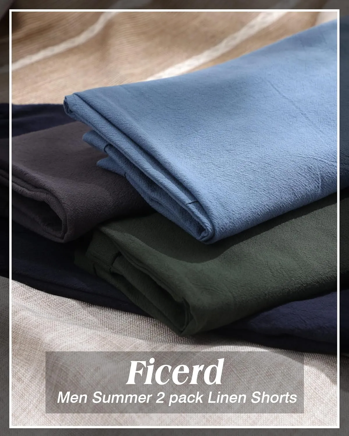 Ficerd 2 Pack Men's Big and Tall Linen Shorts Cotton Casual Elastic Waist Drawstring Summer Beach Shorts with Pockets