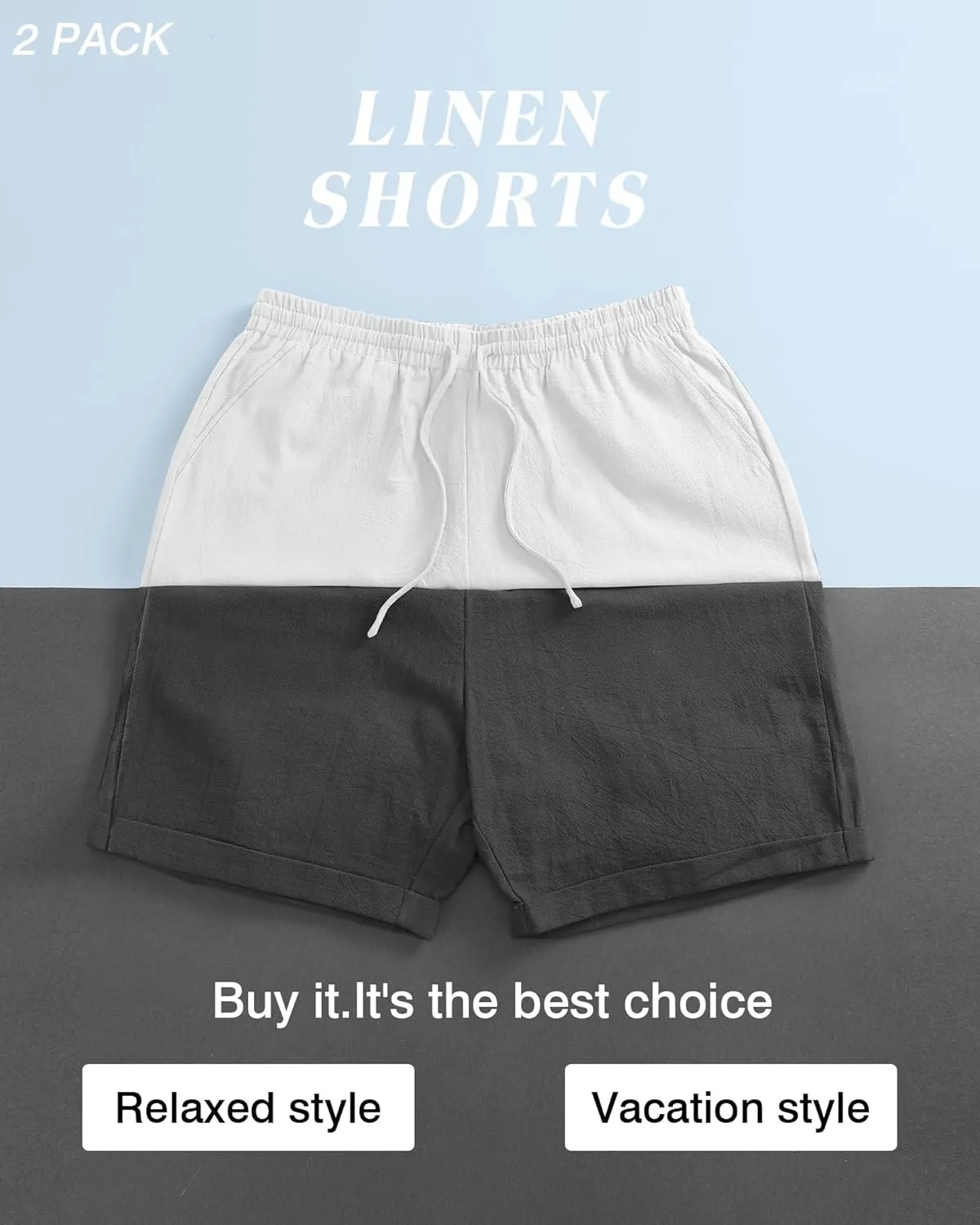 Ficerd 2 Pack Men's Big and Tall Linen Shorts Cotton Casual Elastic Waist Drawstring Summer Beach Shorts with Pockets