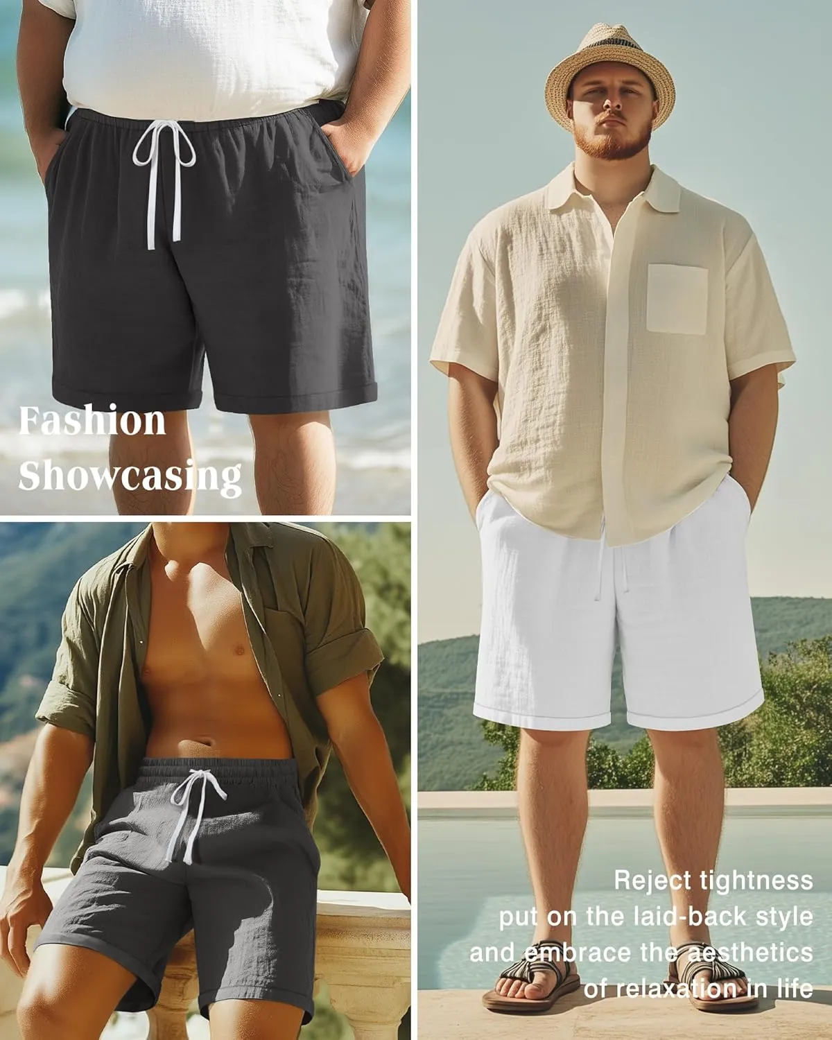 Ficerd 2 Pack Men's Big and Tall Linen Shorts Cotton Casual Elastic Waist Drawstring Summer Beach Shorts with Pockets