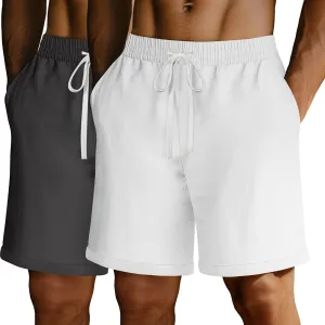 Ficerd 2 Pack Men's Big and Tall Linen Shorts Cotton Casual Elastic Waist Drawstring Summer Beach Shorts with Pockets
