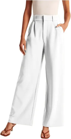 Firzero Women Linen Pants Trendy Summer Palazzo Boho Wide Leg Pants Elastic High Waist Lounge Pant Beach Flowy Casual Trousers with Pockets