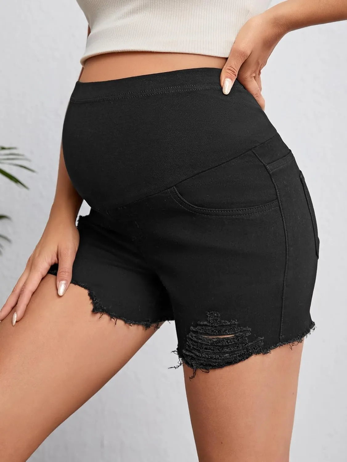 Floerns Women's Maternity Ripped Roll Hem Jeans Pregnant Denim Shorts