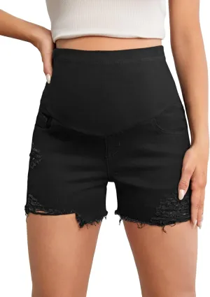 Floerns Women's Maternity Ripped Roll Hem Jeans Pregnant Denim Shorts