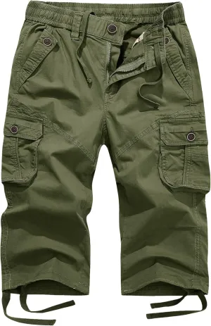 FOURSTEEDS Women's Mid Rise Cotton Capri Hiking Shorts Drawstring Multi Pocket Cargo Shorts Elastic Waist Cropped Cargo Pants
