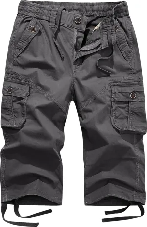 FOURSTEEDS Women's Mid Rise Cotton Capri Hiking Shorts Drawstring Multi Pocket Cargo Shorts Elastic Waist Cropped Cargo Pants