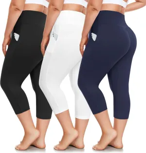 FULLSOFT 3 Pack Plus Size Capri Leggings with Pockets for Women -High Waist Stretchy 1X-4X Workout Yoga Pants