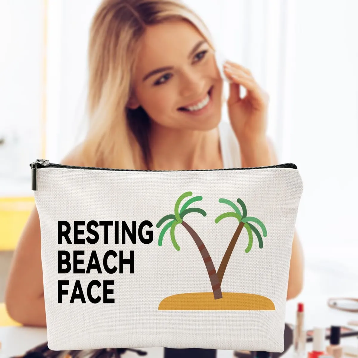 Funny Makeup Bag for Women, Resting Beach Face Cosmetic Pouch  Tropical Travel Bag for Beach Lovers, Summer Vacation Gifts for Girls, Friends, and Coworkers