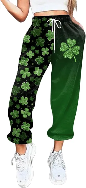 FZVYD St. Patrick's Day Sweatpants for Women Baggy Casual Lounge Trousers Sport Athletic Drawstring Clover Green Lounge Pants