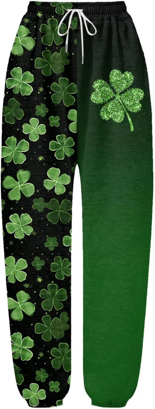 FZVYD St. Patrick's Day Sweatpants for Women Baggy Casual Lounge Trousers Sport Athletic Drawstring Clover Green Lounge Pants