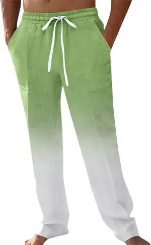 GIERIDUC Men Casual Linen Pants Hippie Drawstring Yoga Pants Elastic Waist Lightweight Trouser Casual Ombre Summer Beach Pant