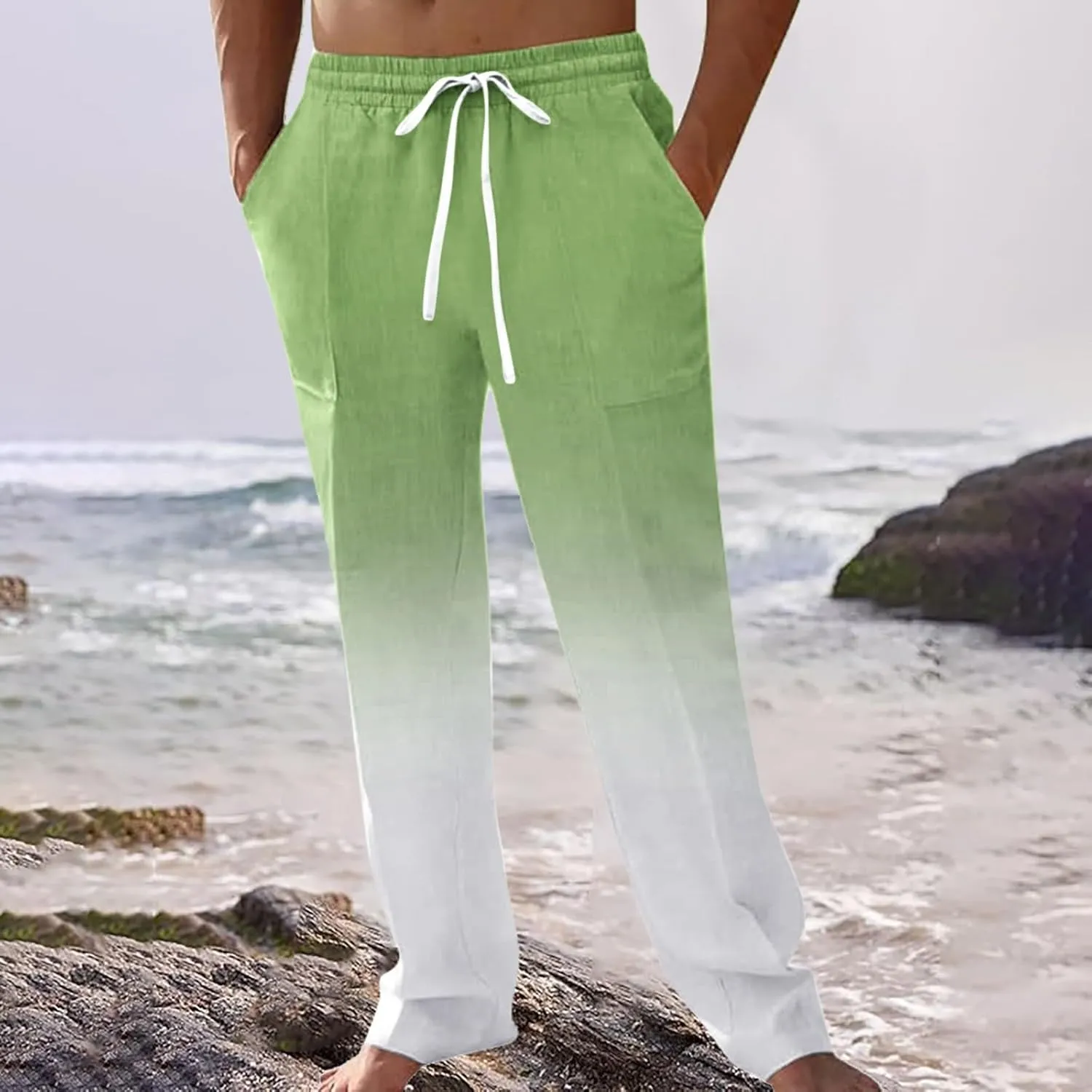 GIERIDUC Men Casual Linen Pants Hippie Drawstring Yoga Pants Elastic Waist Lightweight Trouser Casual Ombre Summer Beach Pant