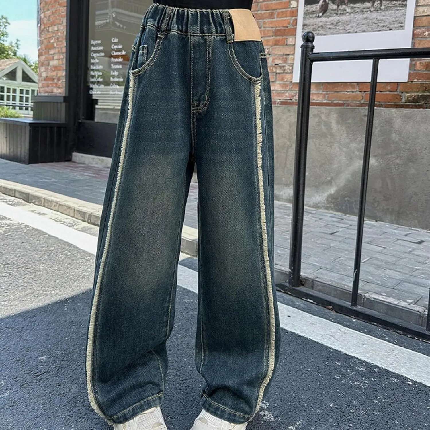 Girls Jeans Streetwear Denim Cargo Pants High Waist Floor Length Baggy Wide Leg Jeans Size 8 10 12 14 16