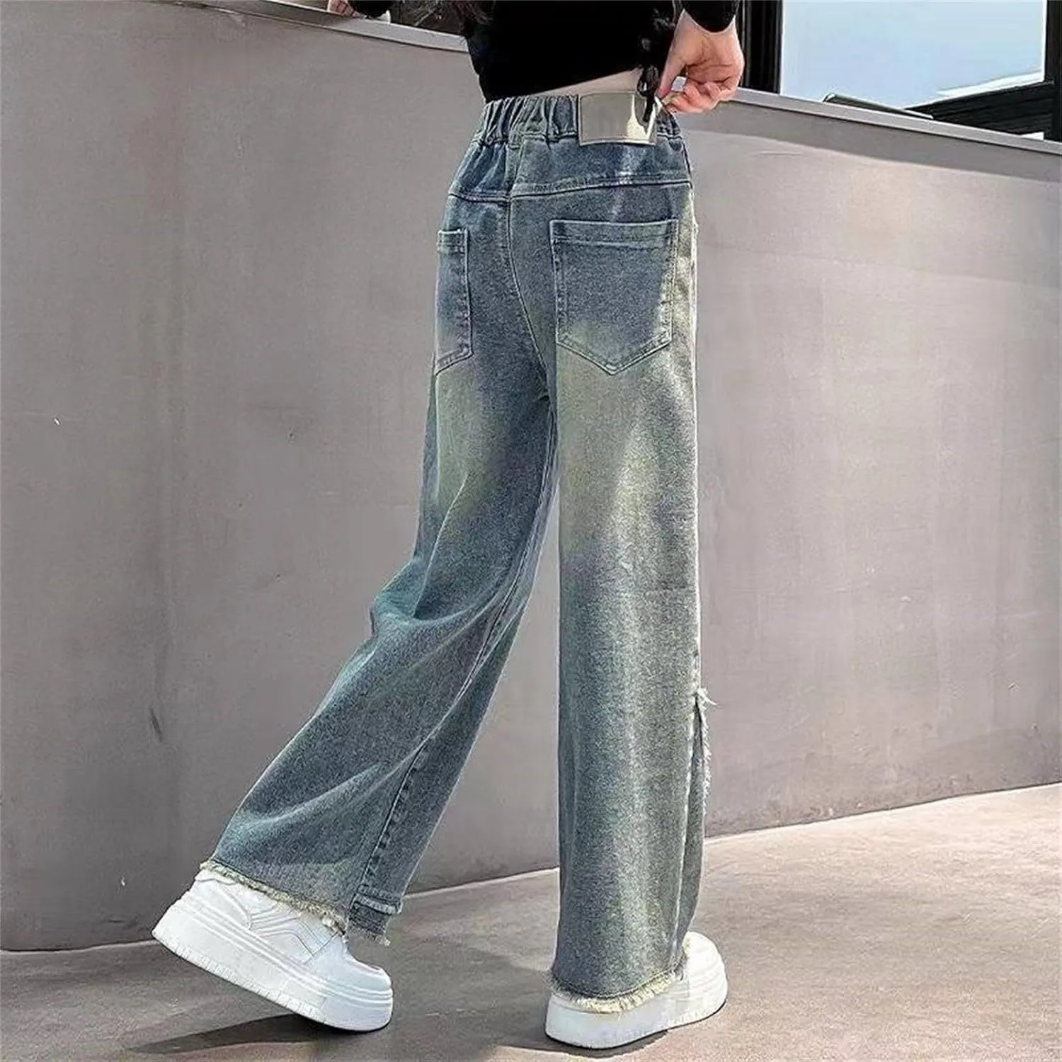 Girls Jeans Streetwear Denim Cargo Pants High Waist Floor Length Baggy Wide Leg Jeans Size 8 10 12 14 16