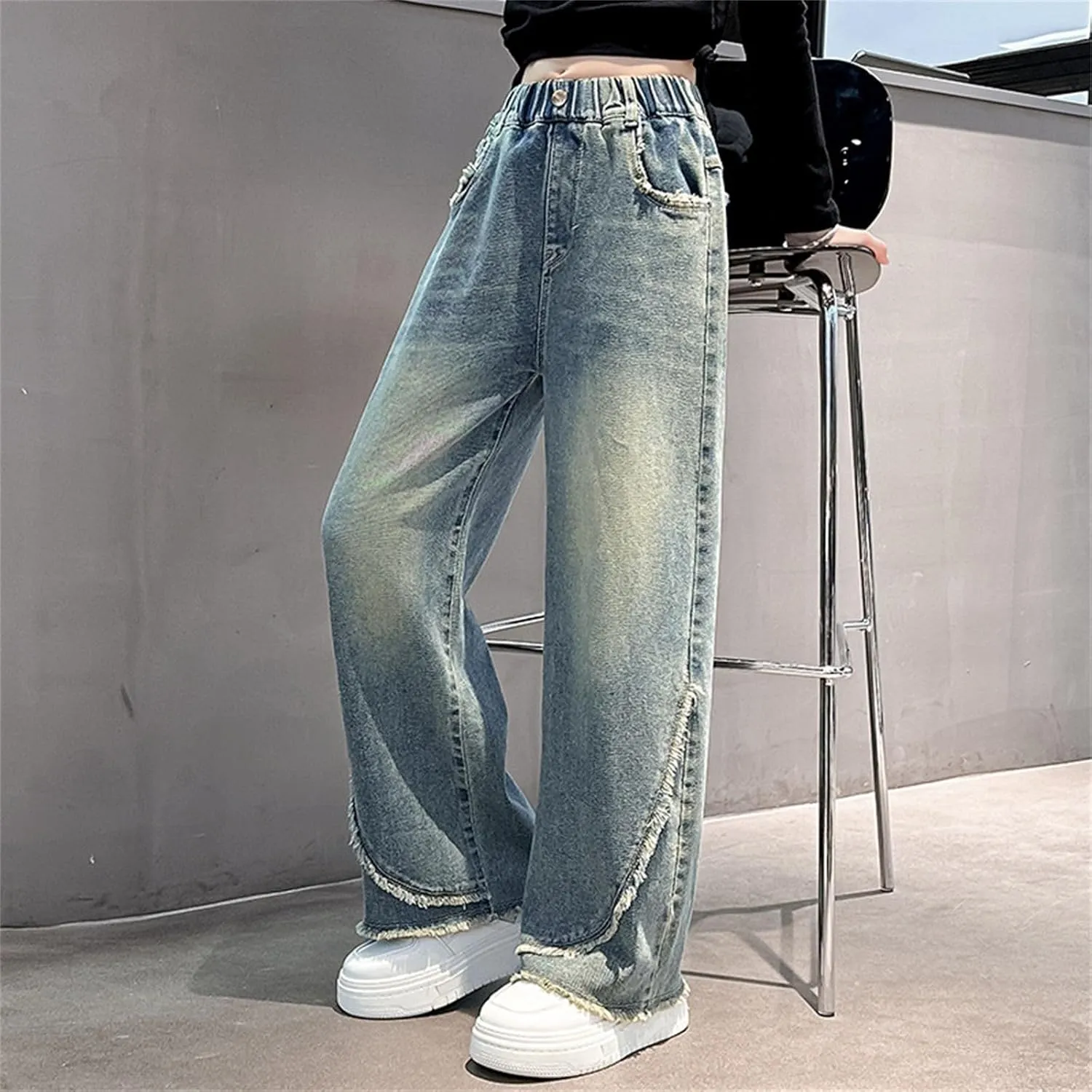 Girls Jeans Streetwear Denim Cargo Pants High Waist Floor Length Baggy Wide Leg Jeans Size 8 10 12 14 16