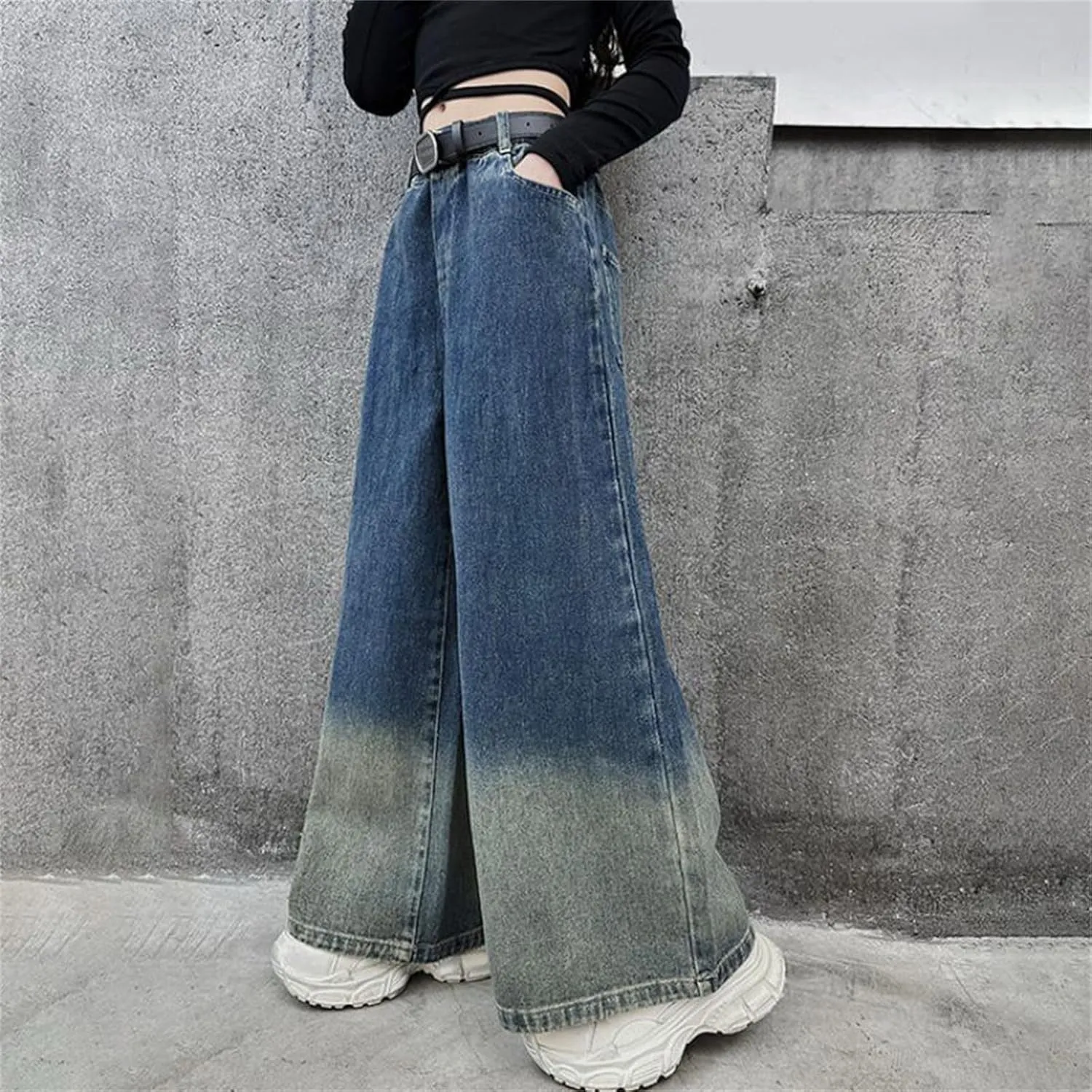 Girls Jeans Streetwear Denim Cargo Pants High Waist Floor Length Baggy Wide Leg Jeans Size 8 10 12 14 16