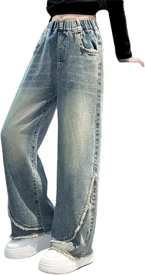 Girls Jeans Streetwear Denim Cargo Pants High Waist Floor Length Baggy Wide Leg Jeans Size 8 10 12 14 16