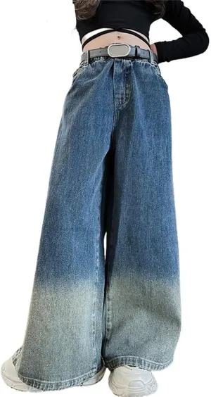 Girls Jeans Streetwear Denim Cargo Pants High Waist Floor Length Baggy Wide Leg Jeans Size 8 10 12 14 16