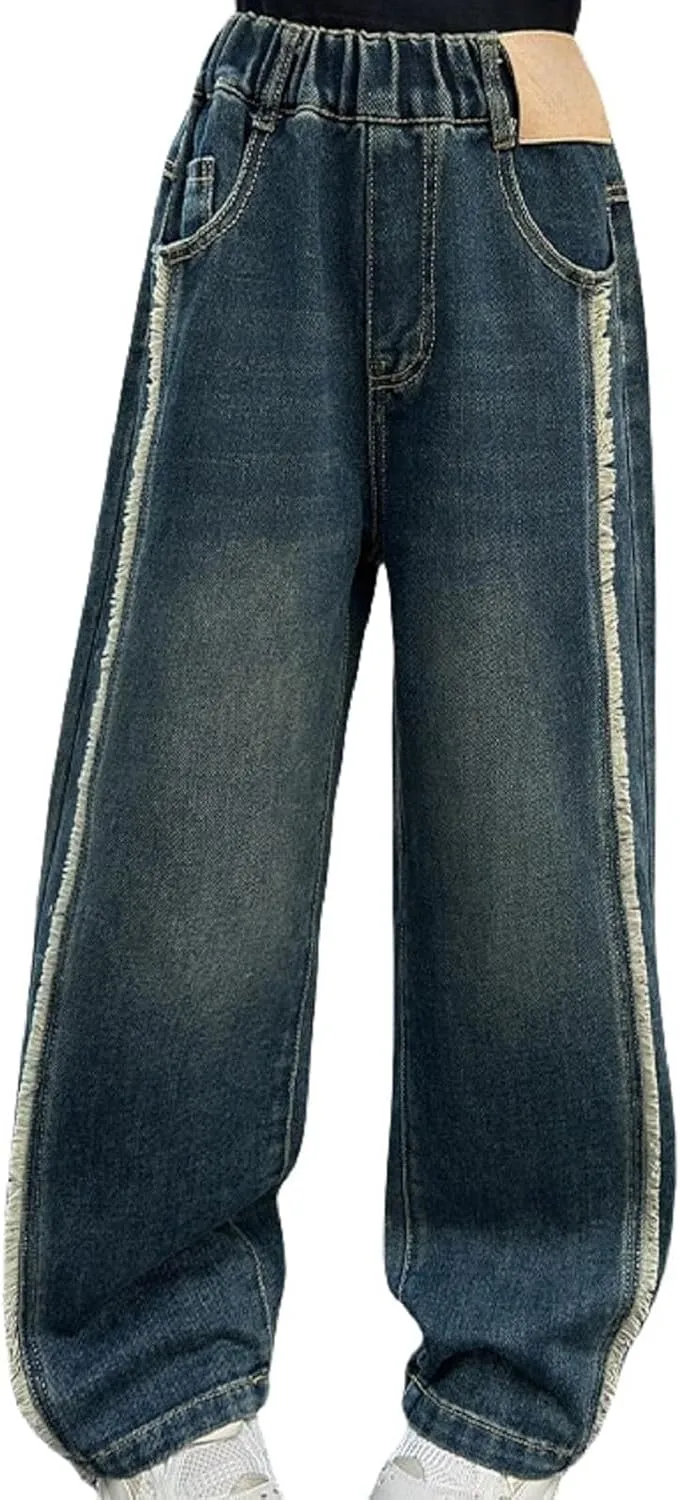 Girls Jeans Streetwear Denim Cargo Pants High Waist Floor Length Baggy Wide Leg Jeans Size 8 10 12 14 16