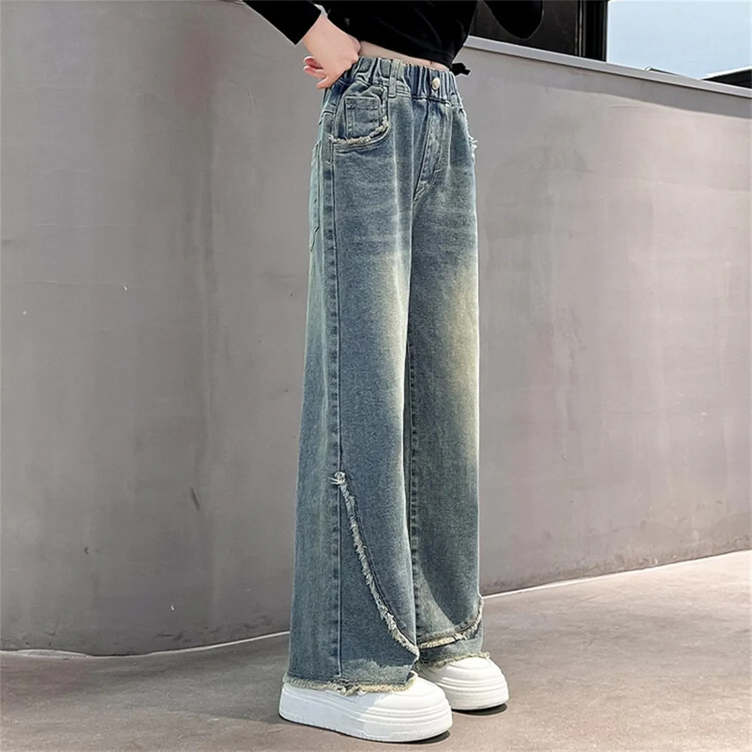 Girls Jeans Streetwear Denim Cargo Pants High Waist Floor Length Baggy Wide Leg Jeans Size 8 10 12 14 16