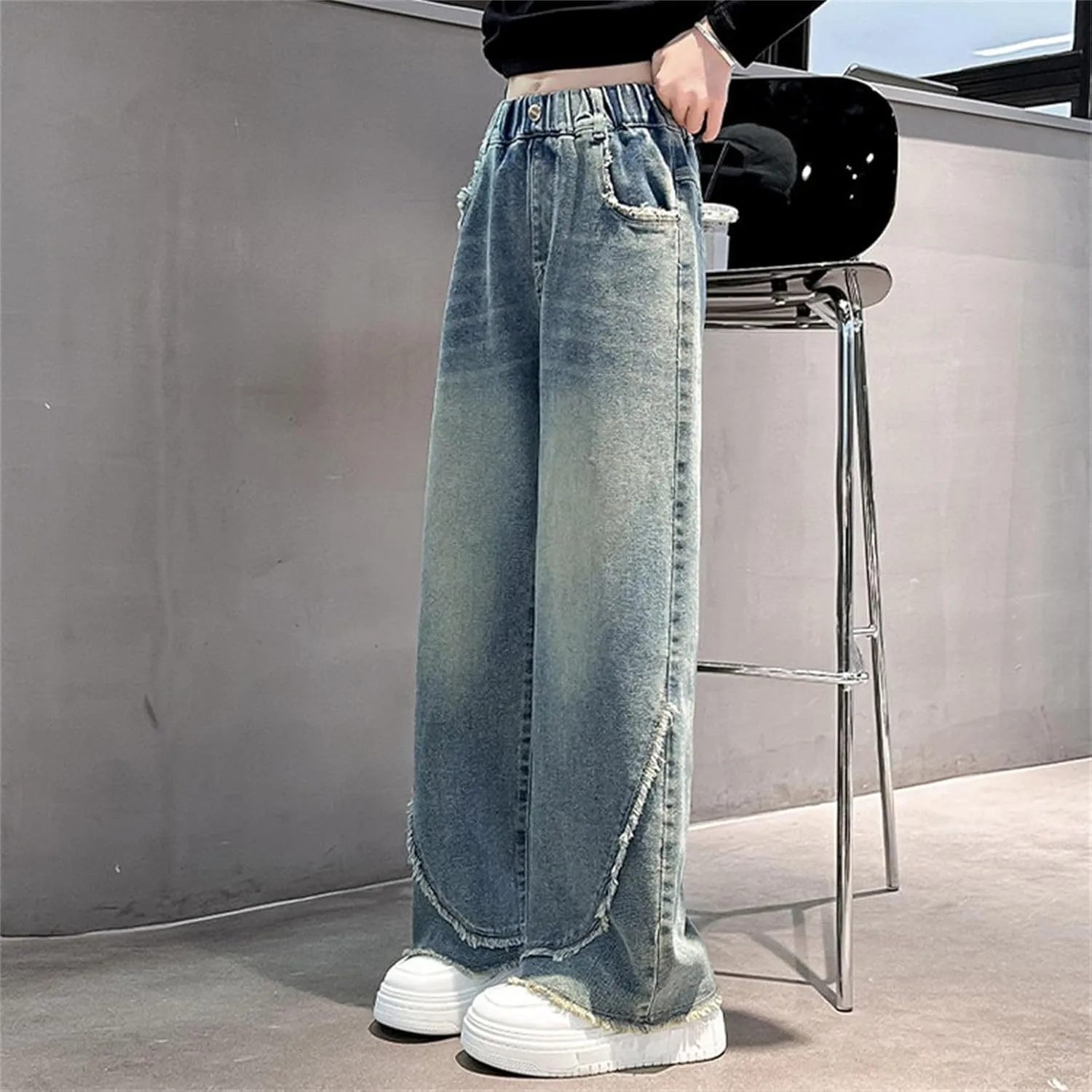 Girls Jeans Streetwear Denim Cargo Pants High Waist Floor Length Baggy Wide Leg Jeans Size 8 10 12 14 16