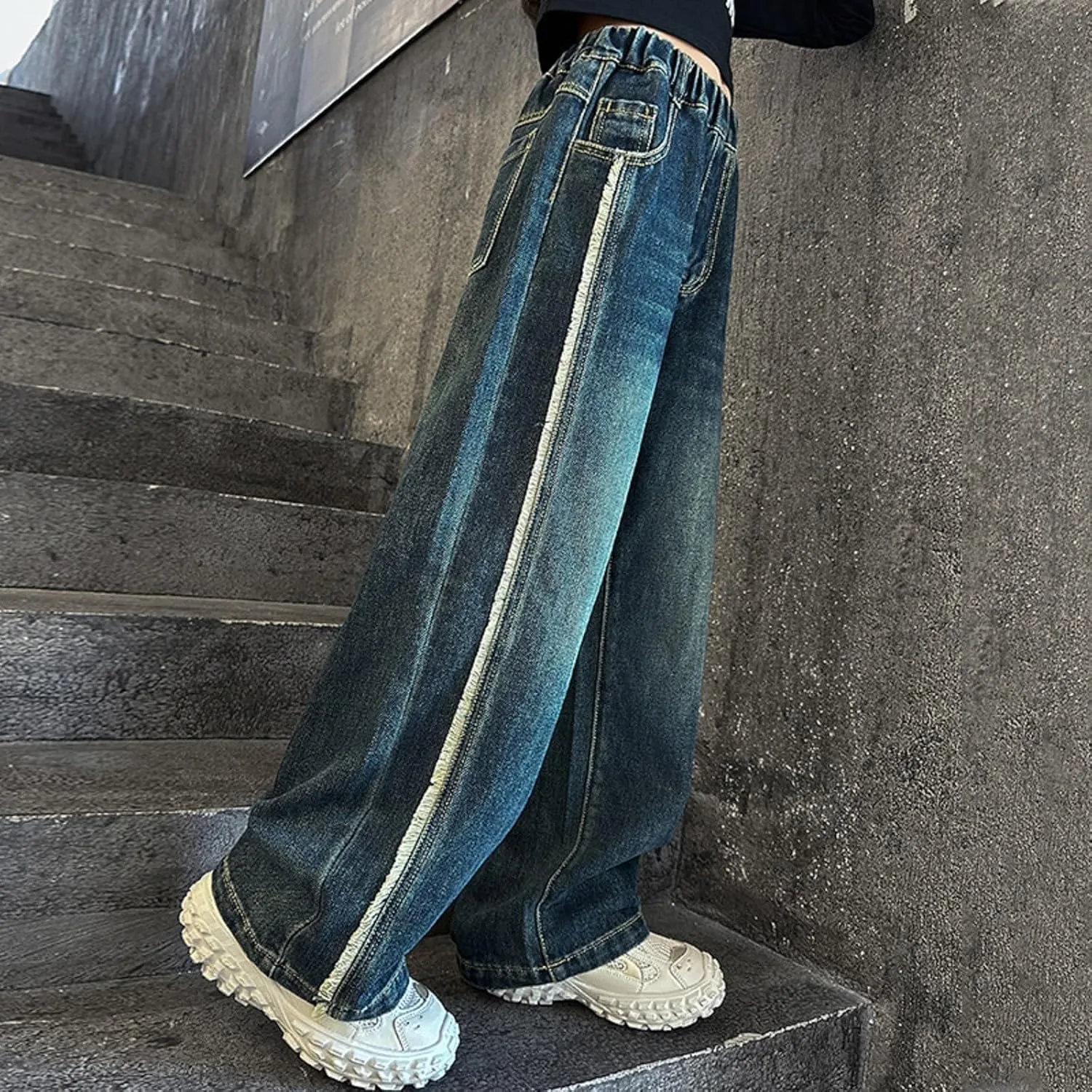 Girls Jeans Streetwear Denim Cargo Pants High Waist Floor Length Baggy Wide Leg Jeans Size 8 10 12 14 16