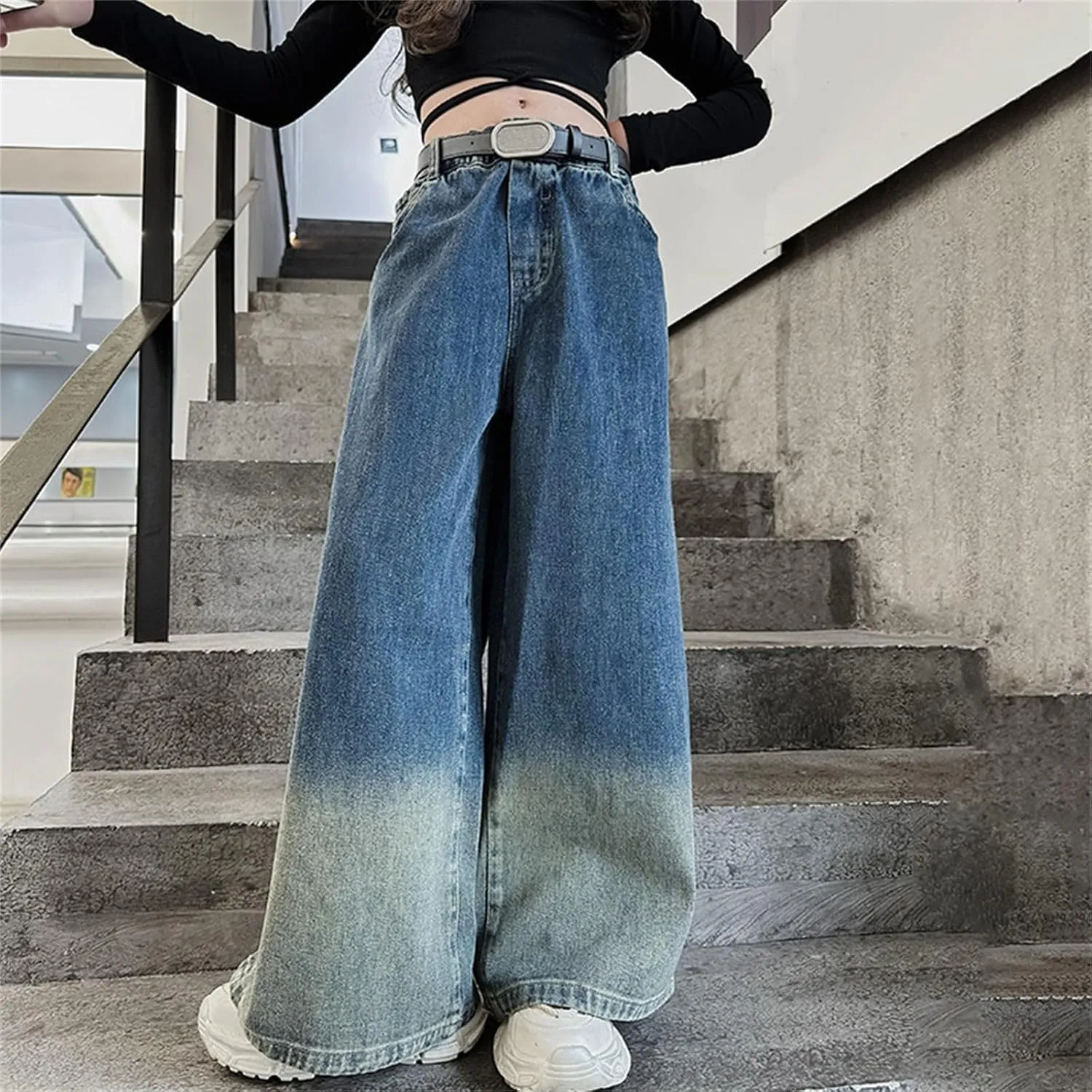 Girls Jeans Streetwear Denim Cargo Pants High Waist Floor Length Baggy Wide Leg Jeans Size 8 10 12 14 16