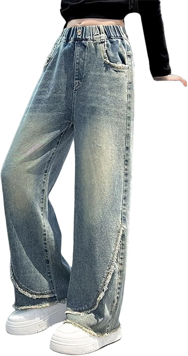 Girls Jeans Streetwear Denim Cargo Pants High Waist Floor Length Baggy Wide Leg Jeans Size 8 10 12 14 16