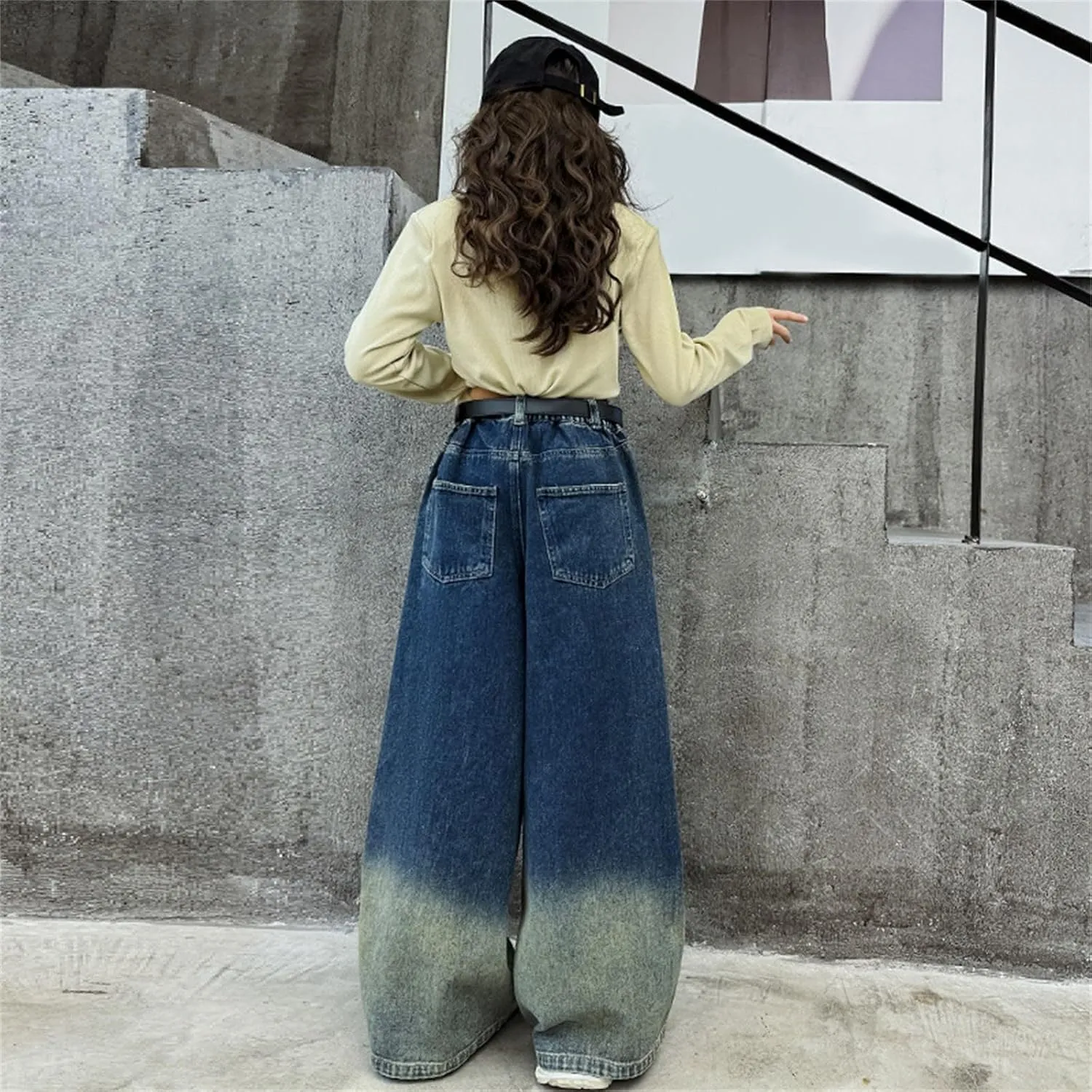 Girls Jeans Streetwear Denim Cargo Pants High Waist Floor Length Baggy Wide Leg Jeans Size 8 10 12 14 16