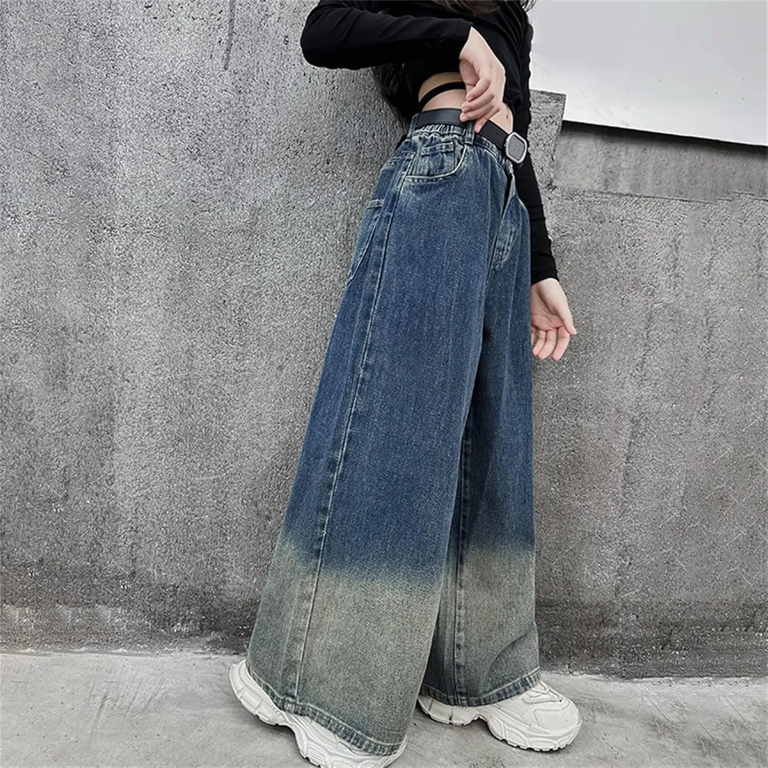 Girls Jeans Streetwear Denim Cargo Pants High Waist Floor Length Baggy Wide Leg Jeans Size 8 10 12 14 16