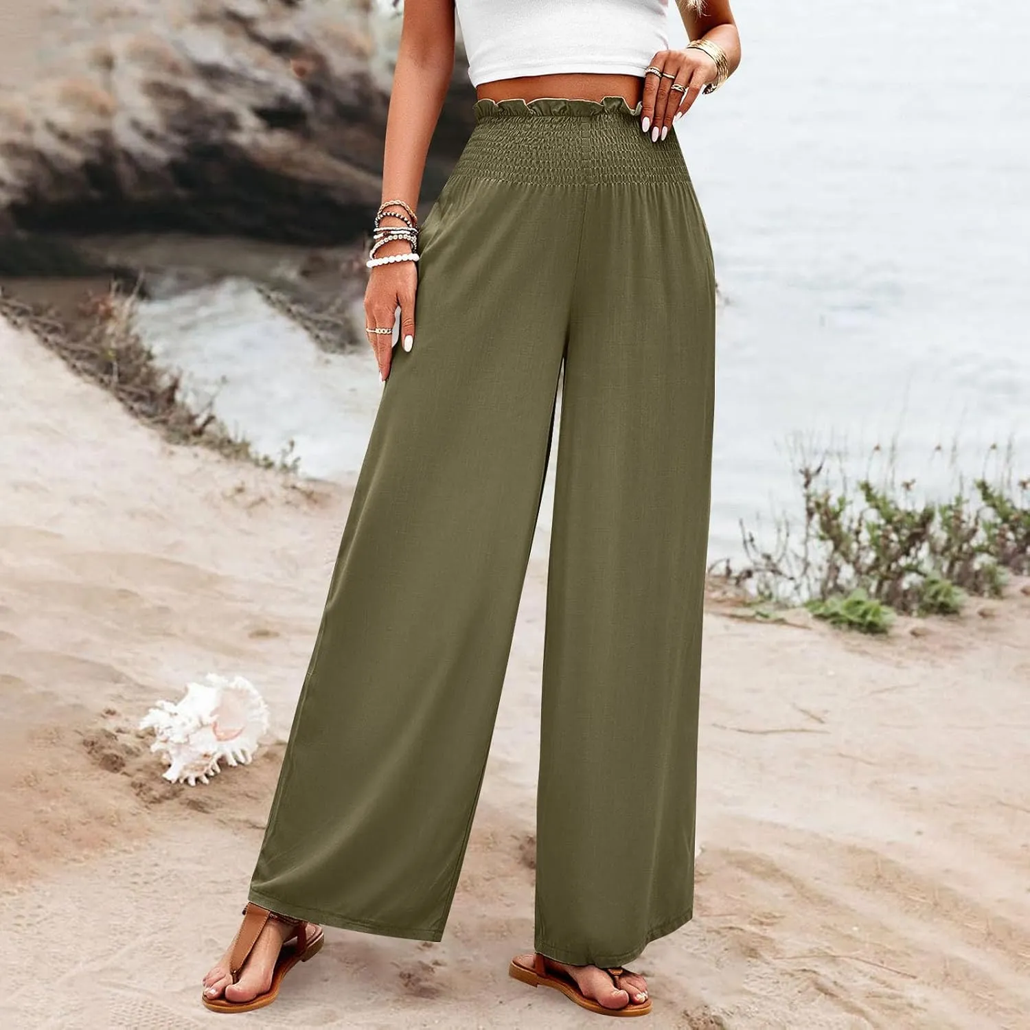 GOFULY Cotton Linen Pants for Women Wide Leg Trendy High Rise Pants Elastic Waist 2025 Summer Soft Solid Trouser with Pockets
