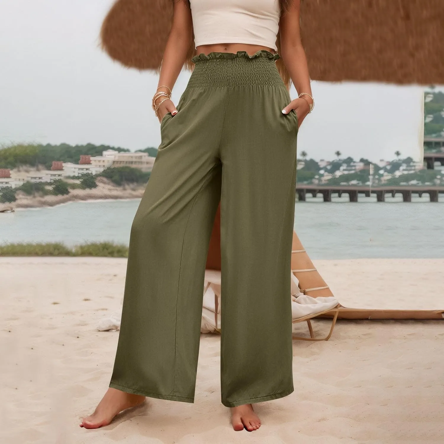 GOFULY Cotton Linen Pants for Women Wide Leg Trendy High Rise Pants Elastic Waist 2025 Summer Soft Solid Trouser with Pockets