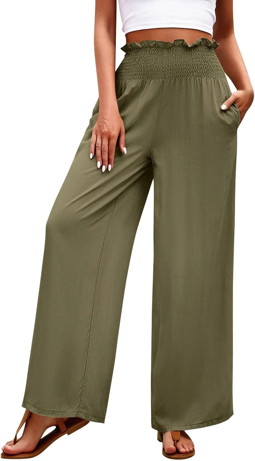 GOFULY Cotton Linen Pants for Women Wide Leg Trendy High Rise Pants Elastic Waist 2025 Summer Soft Solid Trouser with Pockets