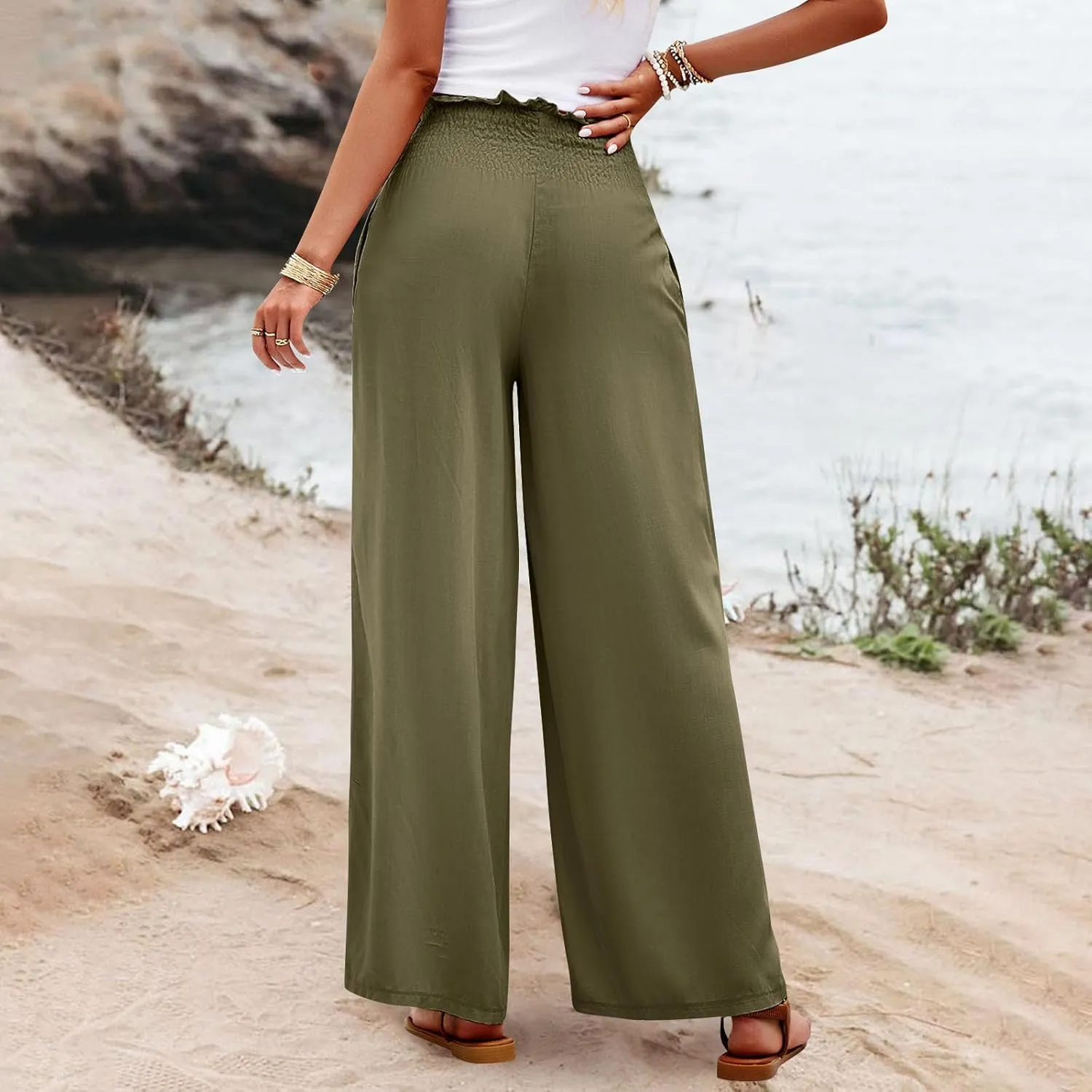 GOFULY Cotton Linen Pants for Women Wide Leg Trendy High Rise Pants Elastic Waist 2025 Summer Soft Solid Trouser with Pockets