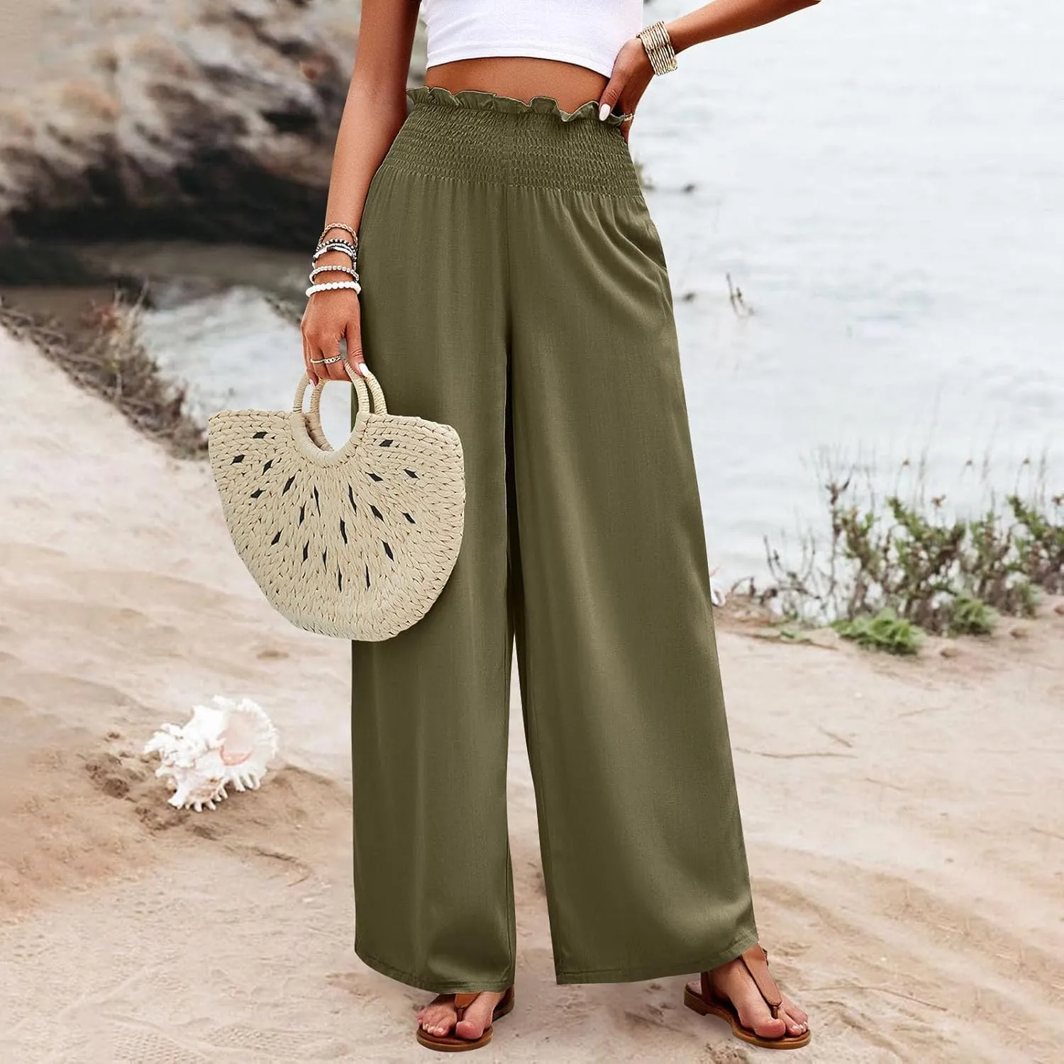 GOFULY Cotton Linen Pants for Women Wide Leg Trendy High Rise Pants Elastic Waist 2025 Summer Soft Solid Trouser with Pockets