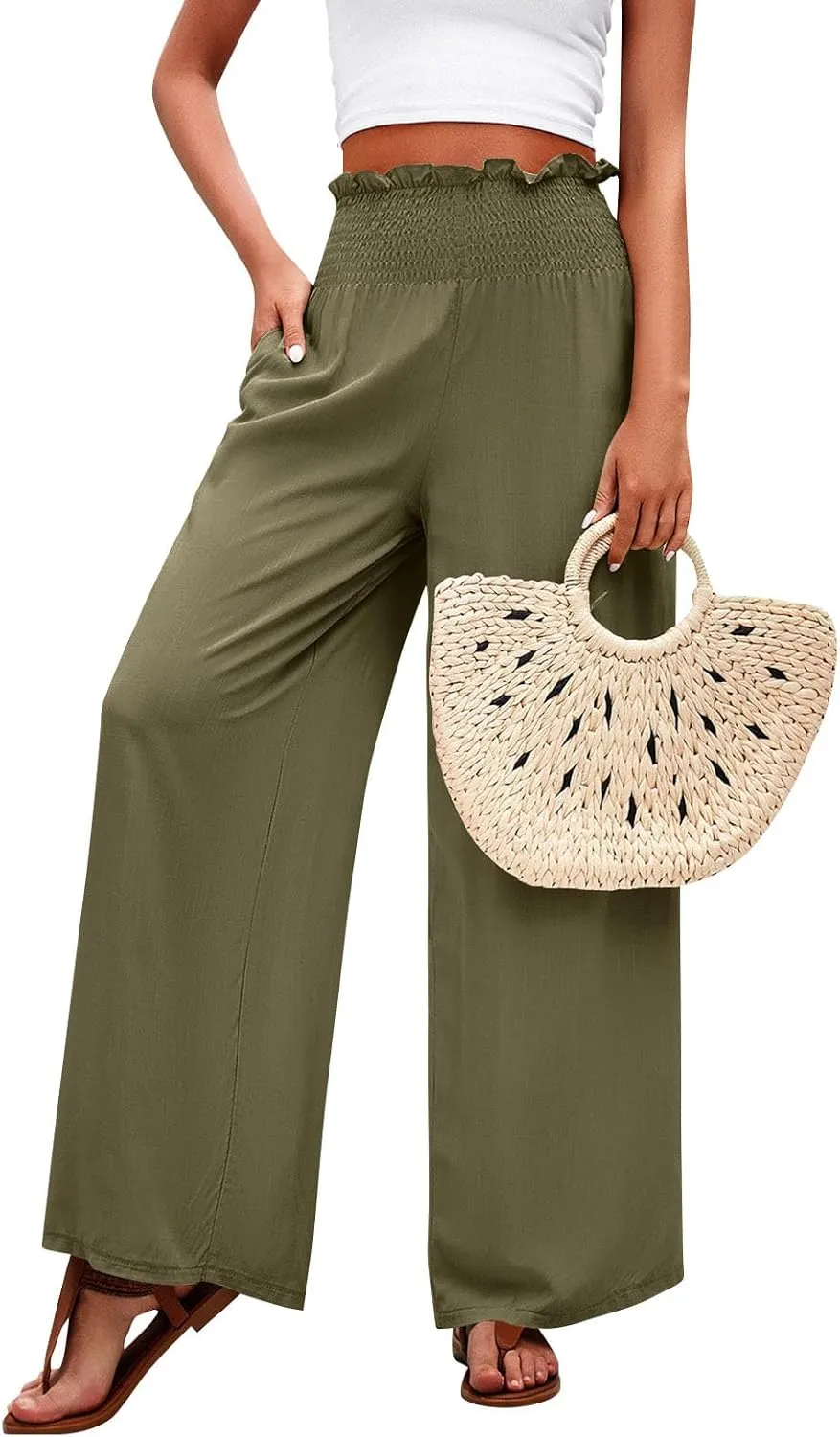GOFULY Cotton Linen Pants for Women Wide Leg Trendy High Rise Pants Elastic Waist 2025 Summer Soft Solid Trouser with Pockets