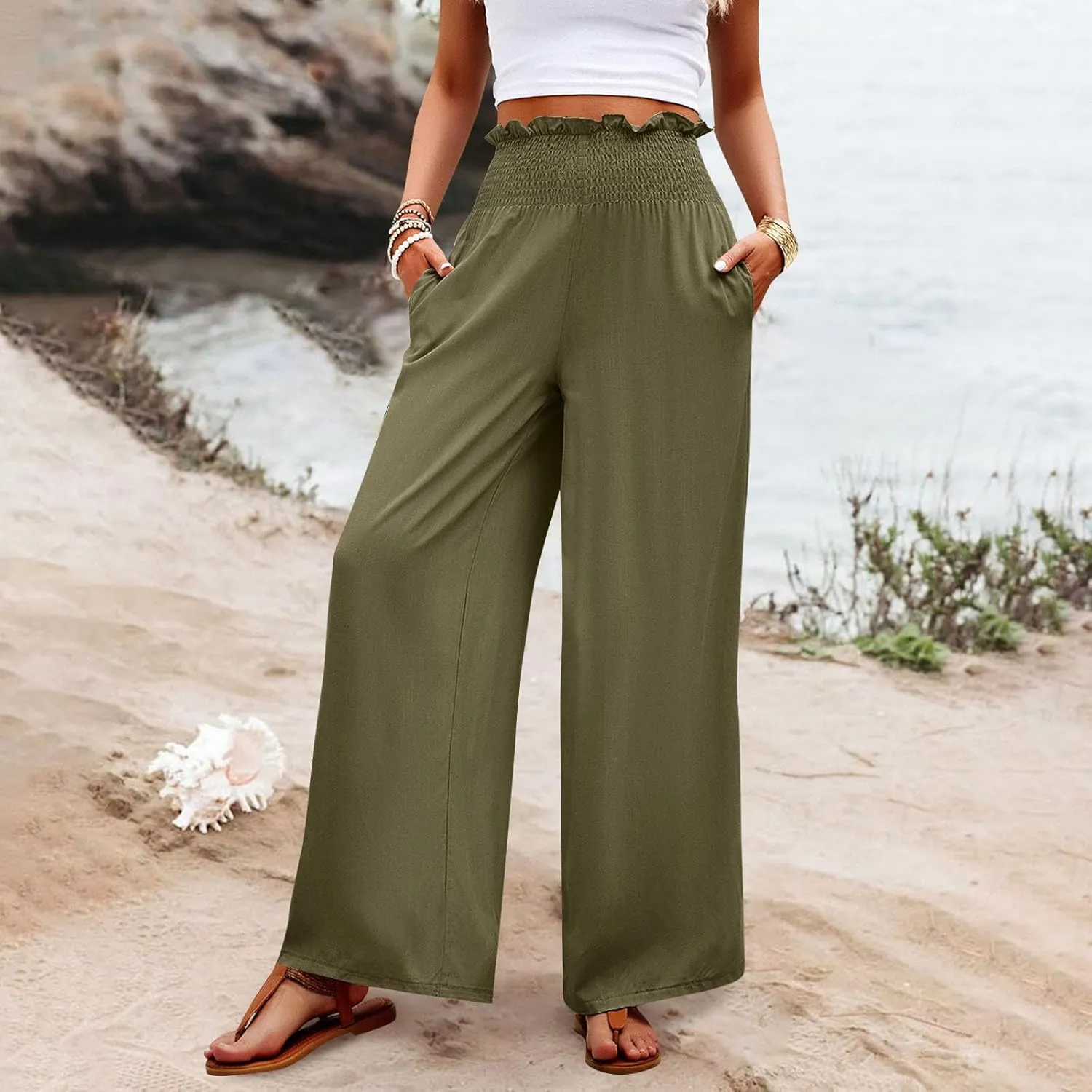 GOFULY Cotton Linen Pants for Women Wide Leg Trendy High Rise Pants Elastic Waist 2025 Summer Soft Solid Trouser with Pockets