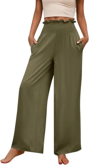 GOFULY Cotton Linen Pants for Women Wide Leg Trendy High Rise Pants Elastic Waist 2025 Summer Soft Solid Trouser with Pockets
