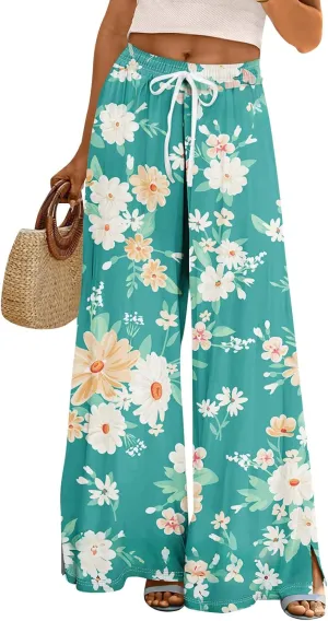 GOFULY Wide Leg Flowy Pants for Women Summer 2025 Beach Palazzo Pants High Elastic Waist Drawstring Side Slit Pockets Trouser