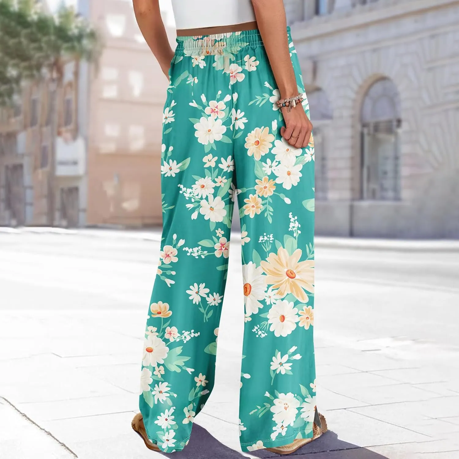 GOFULY Wide Leg Flowy Pants for Women Summer 2025 Beach Palazzo Pants High Elastic Waist Drawstring Side Slit Pockets Trouser