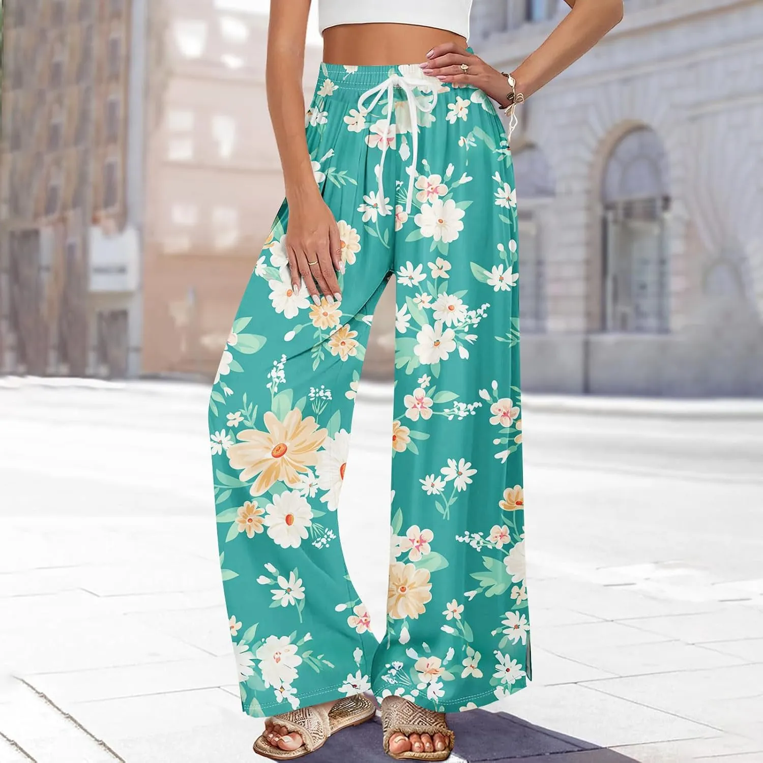 GOFULY Wide Leg Flowy Pants for Women Summer 2025 Beach Palazzo Pants High Elastic Waist Drawstring Side Slit Pockets Trouser